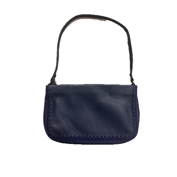 Minimalist THE SAK Flora Soft Leather Small Satchel Crocheted Trim Navy Blue - Picture 2 of 5